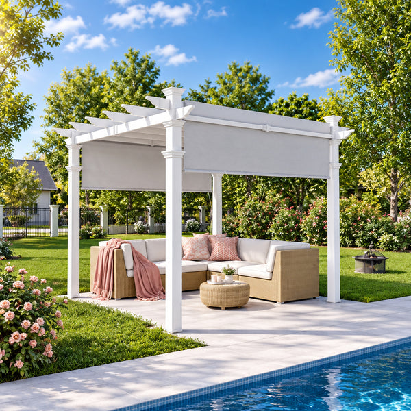 120"L X 120"W X 108"H Vinyl Malibu Canopy Pergola, White, VA42057