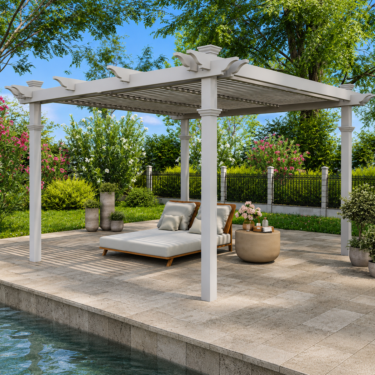 144"L X 144"W X 104"H Vinyl Camelot Louvered Pergola, White, VA42070 — product view 2