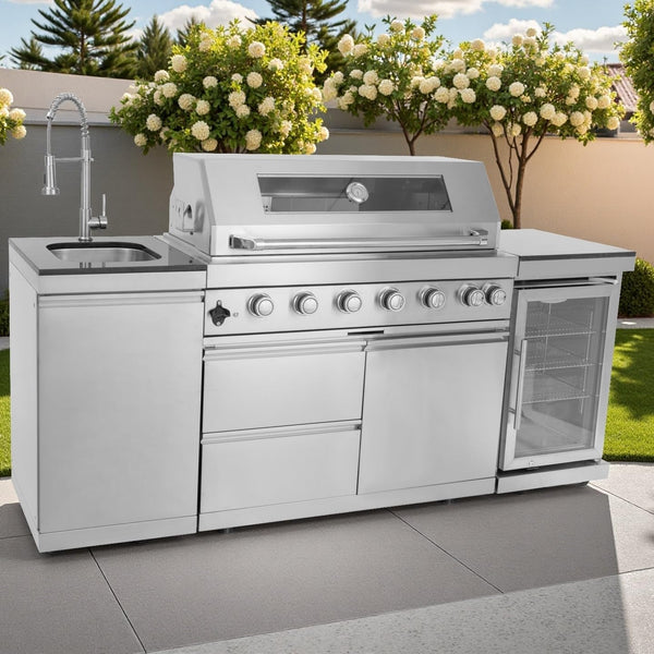 Outdoor Kitchen Island Built for Large Entertaining, 85000 BTU 6-Burner, Wine Cooler, Granite Top