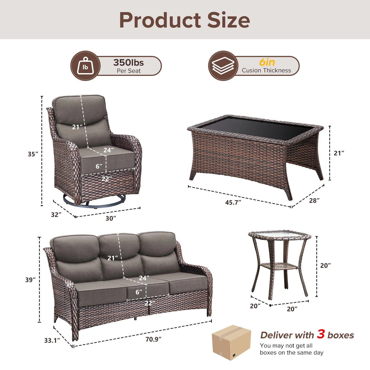 Luxury 5 Pieces Outdoor Patio Furniture Set with Swivel Rocker Chairs 6-Inch Extra Thick Cushions,Wicker Conversation Sets with Sofa and Ottomans for Porch Deck Backyard Poolside