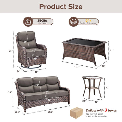 Luxury 5 Pieces Outdoor Patio Furniture Set with Swivel Rocker Chairs 6-Inch Extra Thick Cushions,Wicker Conversation Sets with Sofa and Ottomans for Porch Deck Backyard Poolside
