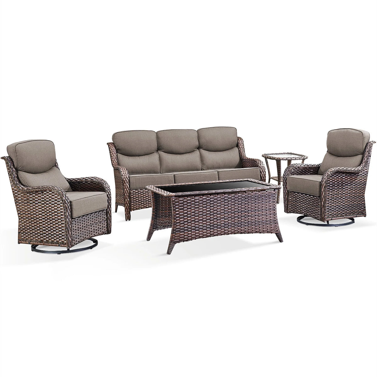 Luxury 5 Pieces Outdoor Patio Furniture Set with Swivel Rocker Chairs 6-Inch Extra Thick Cushions,Wicker Conversation Sets with Sofa and Ottomans for Porch Deck Backyard Poolside