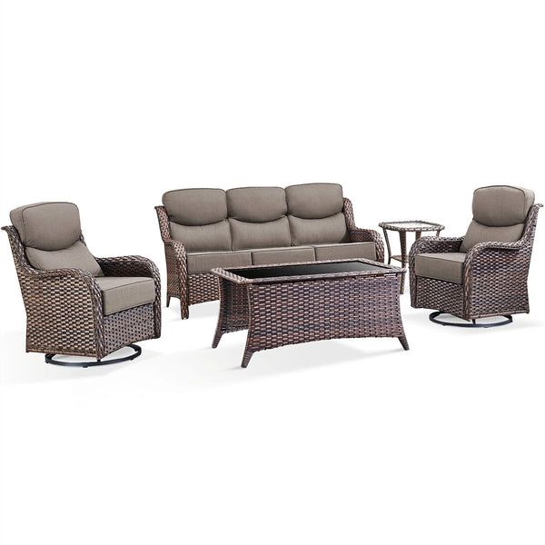 Luxury 5 Pieces Outdoor Patio Furniture Set with Swivel Rocker Chairs 6-Inch Extra Thick Cushions,Wicker Conversation Sets with Sofa and Ottomans for Porch Deck Backyard Poolside