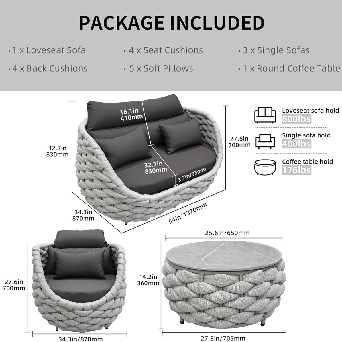 6-Piece Aluminum Patio Furniture Set,Polyester Light Grey W/Table — product view 7