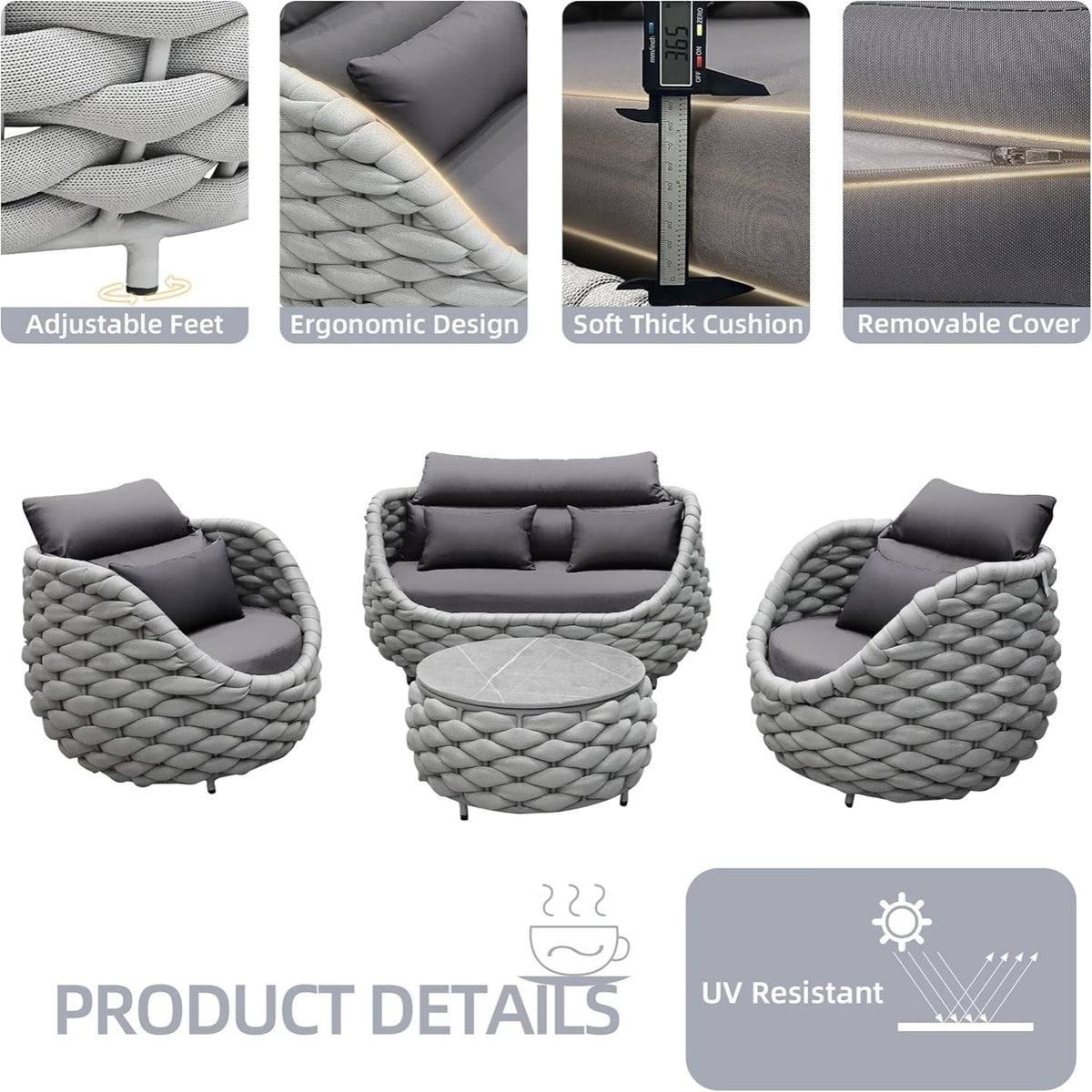 6-Piece Aluminum Patio Furniture Set,Polyester Light Grey W/Table — product view 8