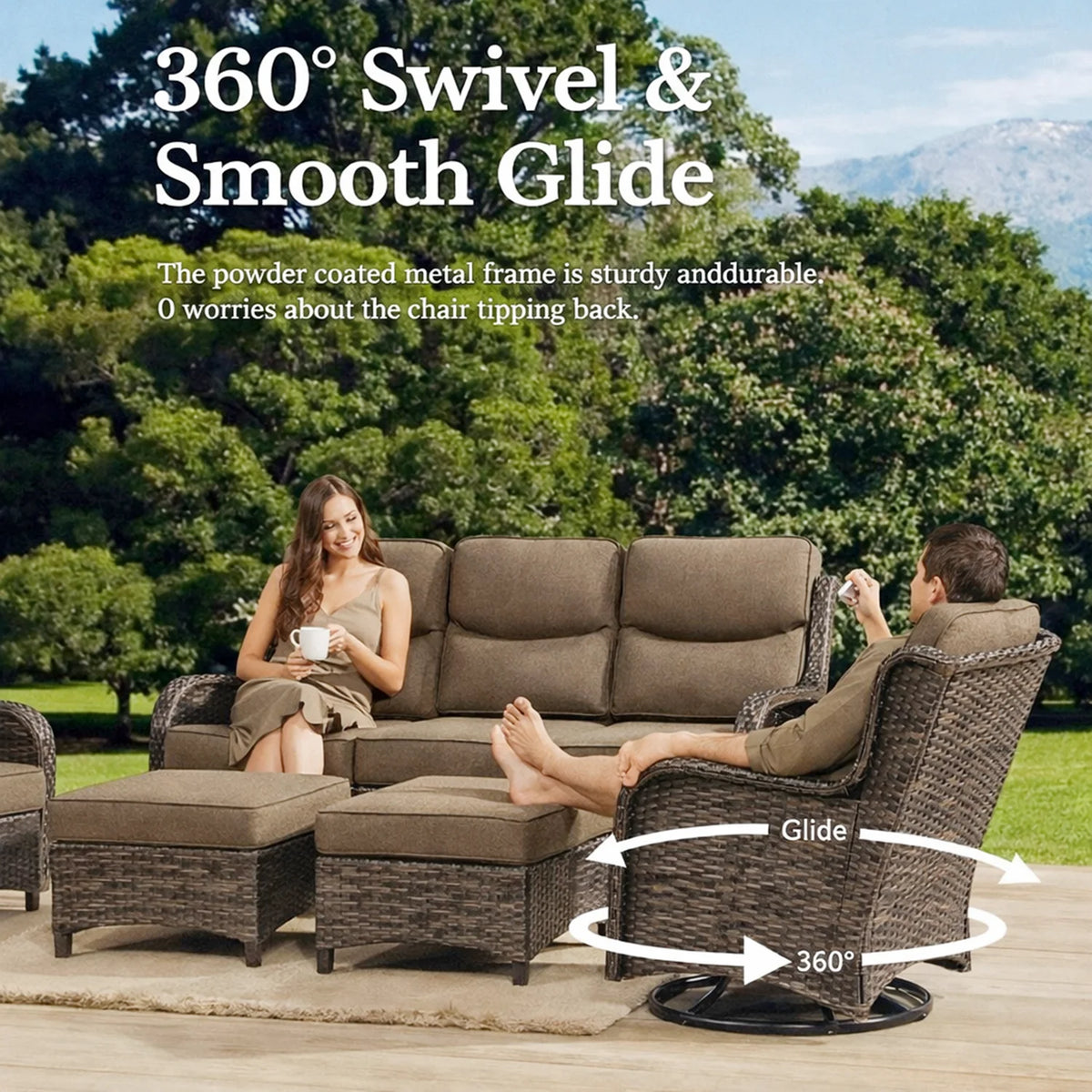 Luxury 5 Pieces Outdoor Patio Furniture Set with Swivel Rocker Chairs 6-Inch Extra Thick Cushions,Wicker Conversation Sets with Sofa and Ottomans for Porch Deck Backyard Poolside