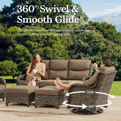 Luxury 5 Pieces Outdoor Patio Furniture Set with Swivel Rocker Chairs 6-Inch Extra Thick Cushions,Wicker Conversation Sets with Sofa and Ottomans for Porch Deck Backyard Poolside
