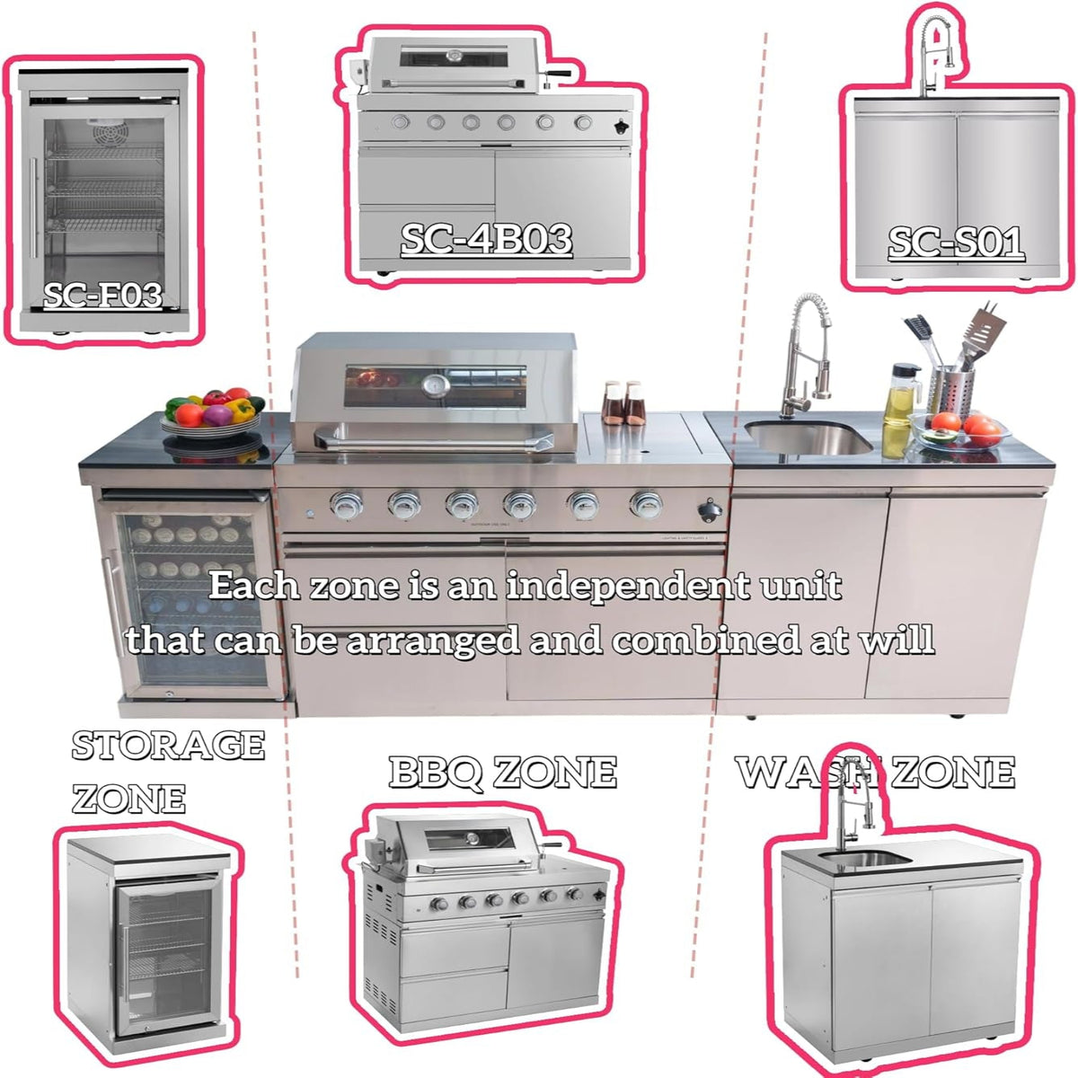 BBQ Island Outdoor Kitchen Kits, 4-Burner 72000 BTU Stainless Steel Modular 98 Inch Natural Gas Outdoor Kitchen Bar Barbecue Island Grill with Refrigerator and Sink for Patio Backyard — product view 5