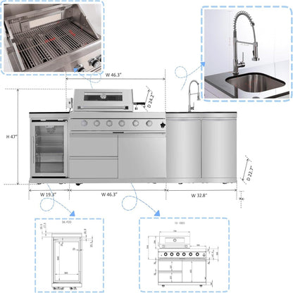 BBQ Island Outdoor Kitchen Kits, 4-Burner 72000 BTU Stainless Steel Modular 98 Inch Natural Gas Outdoor Kitchen Bar Barbecue Island Grill with Refrigerator and Sink for Patio Backyard — product view 8