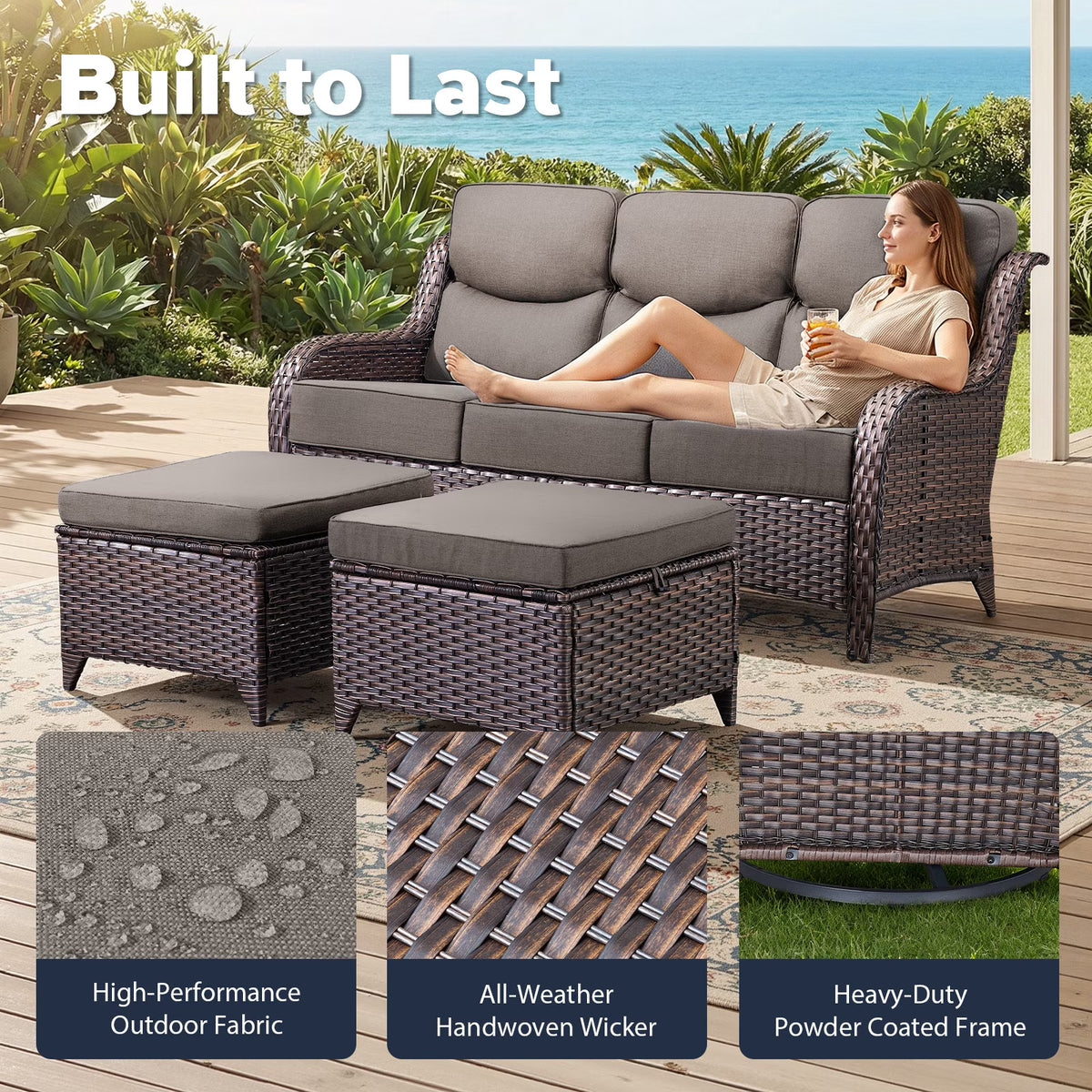 Luxury 5 Pieces Outdoor Patio Furniture Set with Swivel Rocker Chairs 6-Inch Extra Thick Cushions,Wicker Conversation Sets with Sofa and Ottomans for Porch Deck Backyard Poolside