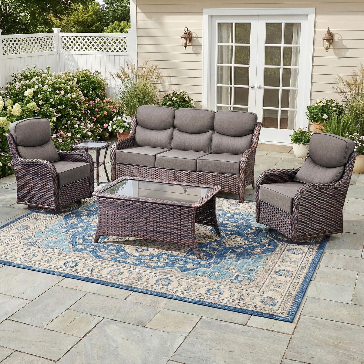 Luxury 5 Pieces Outdoor Patio Furniture Set with Swivel Rocker Chairs 6-Inch Extra Thick Cushions,Wicker Conversation Sets with Sofa and Ottomans for Porch Deck Backyard Poolside