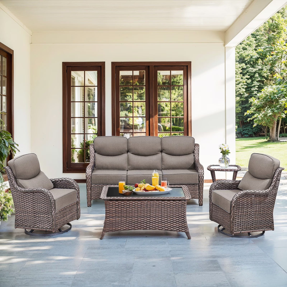 Luxury 5 Pieces Outdoor Patio Furniture Set with Swivel Rocker Chairs 6-Inch Extra Thick Cushions,Wicker Conversation Sets with Sofa and Ottomans for Porch Deck Backyard Poolside