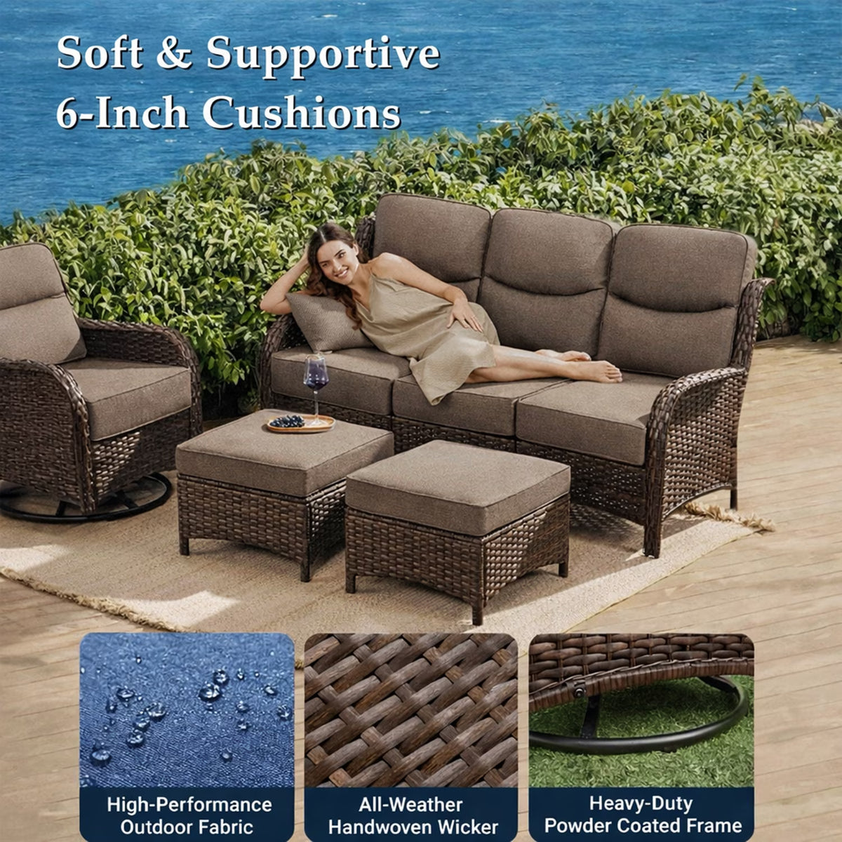 Luxury 5 Pieces Outdoor Patio Furniture Set with Swivel Rocker Chairs 6-Inch Extra Thick Cushions,Wicker Conversation Sets with Sofa and Ottomans for Porch Deck Backyard Poolside