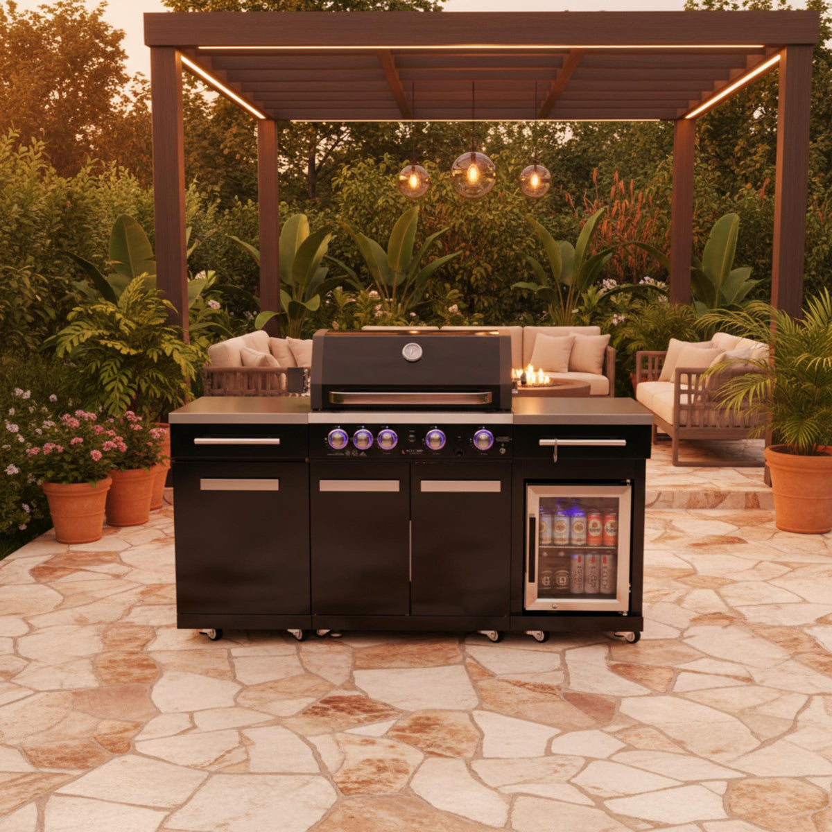 Premium 70" Black Stainless Steel Outdoor Kitchen Island with Refrigerator + 32"W 4-Burner BBQ Grill with Rear Burner — product view 2