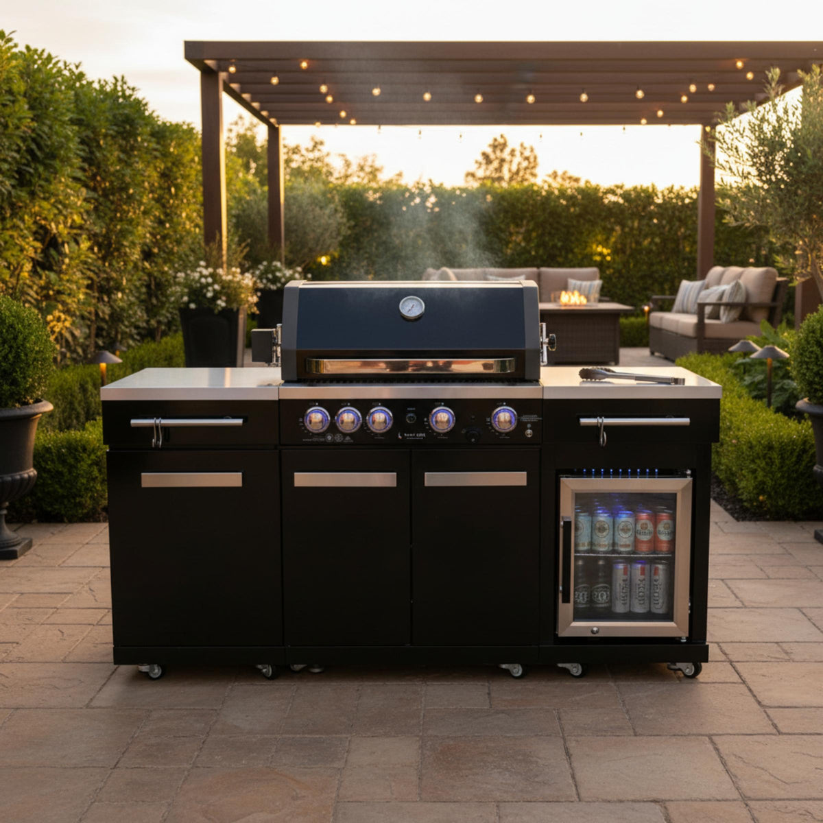 Premium 70" Black Stainless Steel Outdoor Kitchen Island with Refrigerator + 32"W 4-Burner BBQ Grill with Rear Burner — product view 3